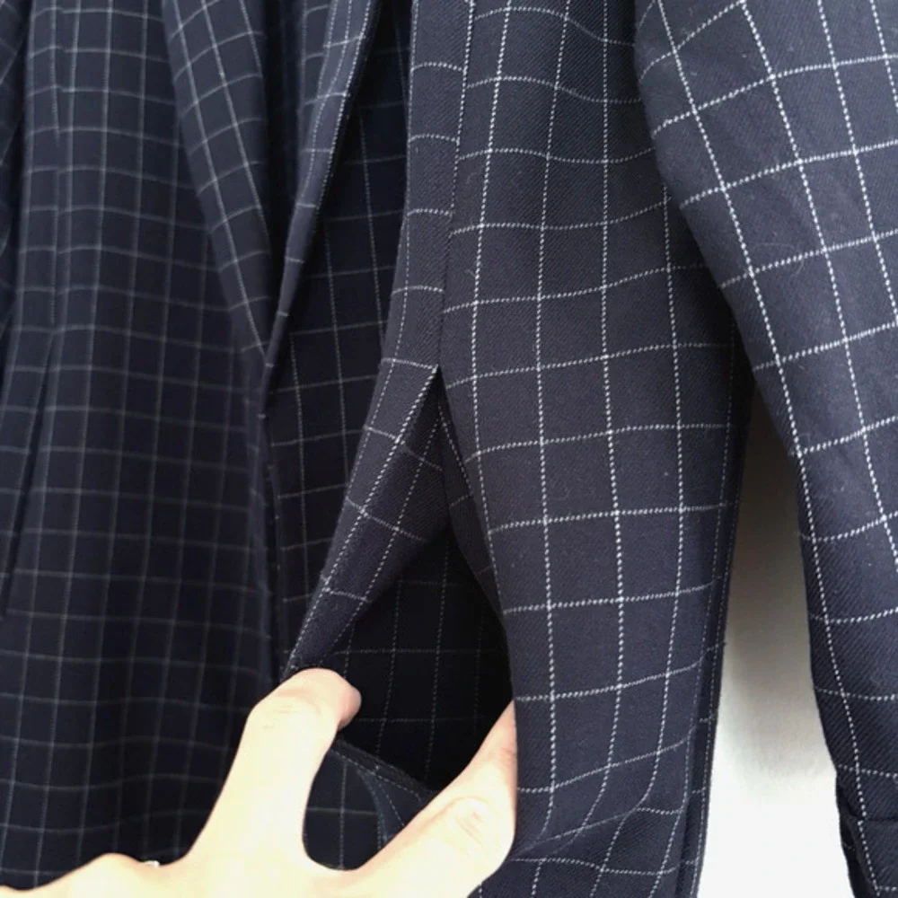 RACHEL‎ ZOE Open Front Knit Blazer Jacket Navy Blue Windowpane Check Preppy S